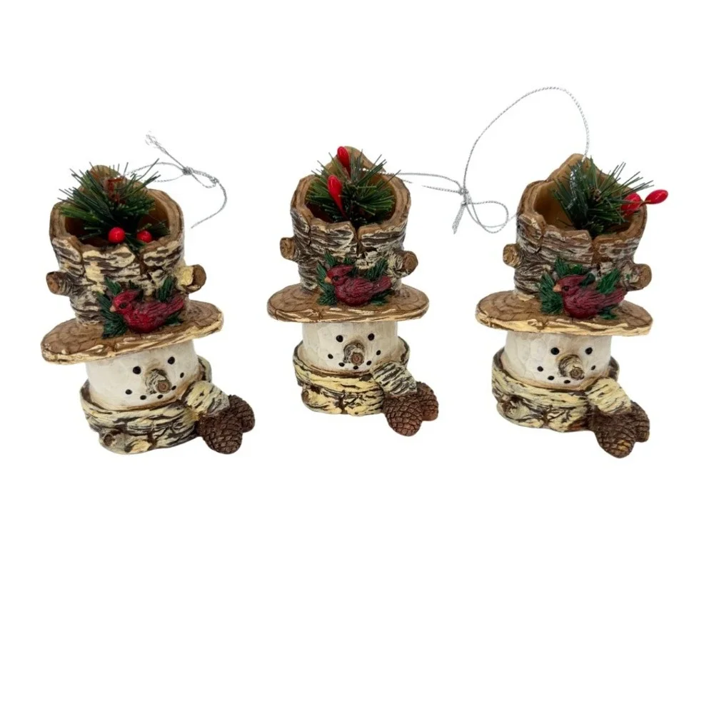 Snowman Christmas Holiday Ornaments Birch Bark‎ Cardinal Pinecone Rustic 3pc Set